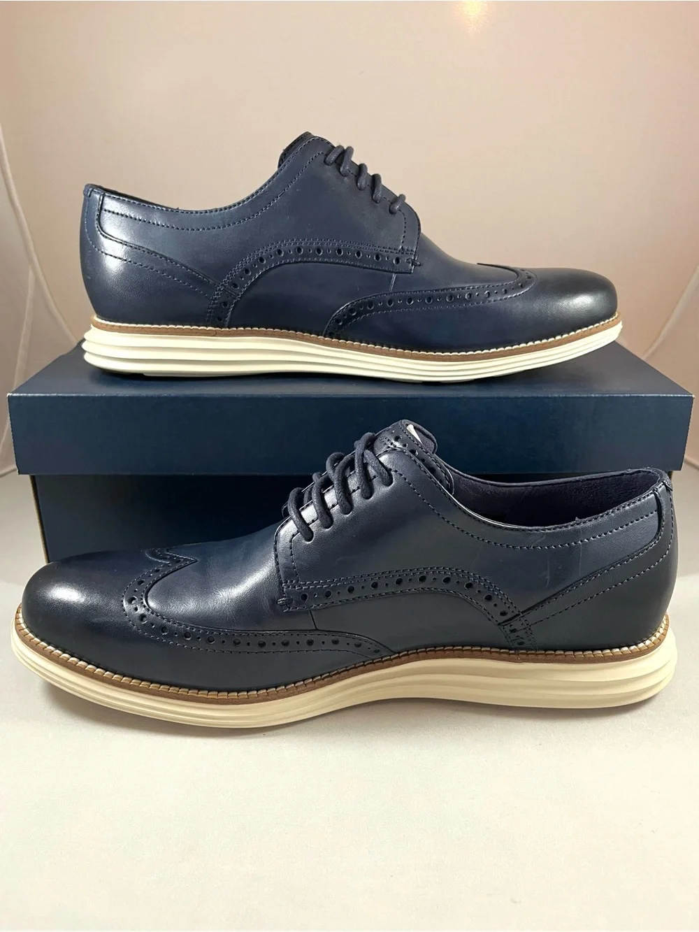 NIB Cole Haan Original Grand Shortwing Navy Leather Oxford with Ivory Sole